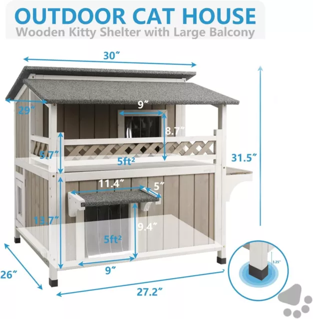 Two Story Cat House Outdoor Wooden Feral Cat Shelter with Balcony & Escape Door 2