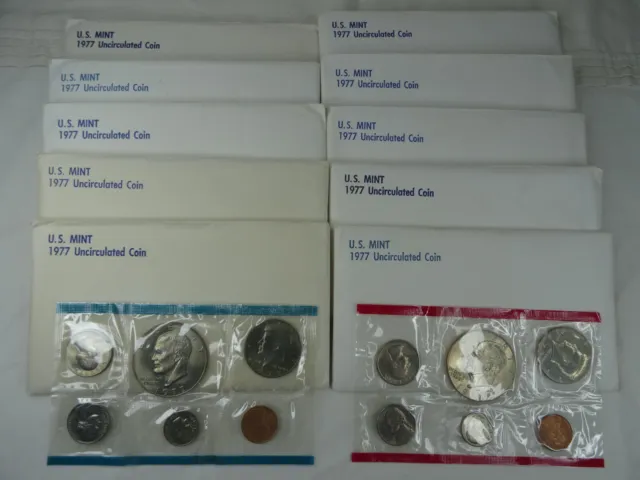 (10) 1977 P & D US Mint Uncirculated Sets OGP BU 120 Coins Bulk Lot