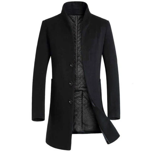Warm Mens Woolen Trench Coat Double Breasted Overcoat Long Jacket Outwear Winter