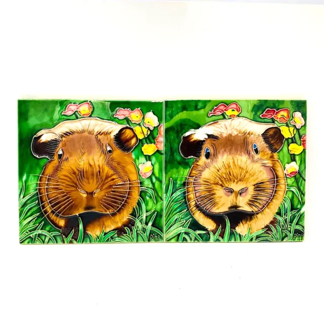Pair of Ceramic Tiles Trivets GUINEA PIG hand painted Wall Art Easel Back 7.75"