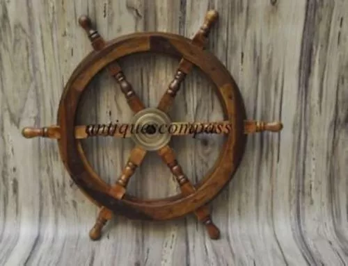 18"Nautical Wooden Ship Steering Wheel Pirate Decor Wood Brass Wall Boat DECOR