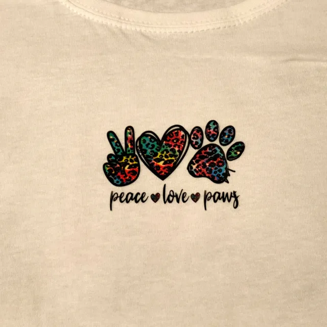 Peace, Love & Paws Ladies Small T-Shirt 100% Recycled Cotton Eco-Friendly