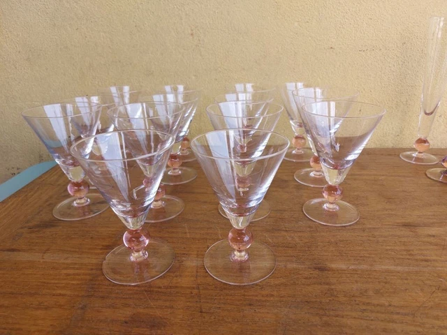 Servizio 14 Bicchieri In Vetro Soffiato Trasparente E Rosa Acqua Vino