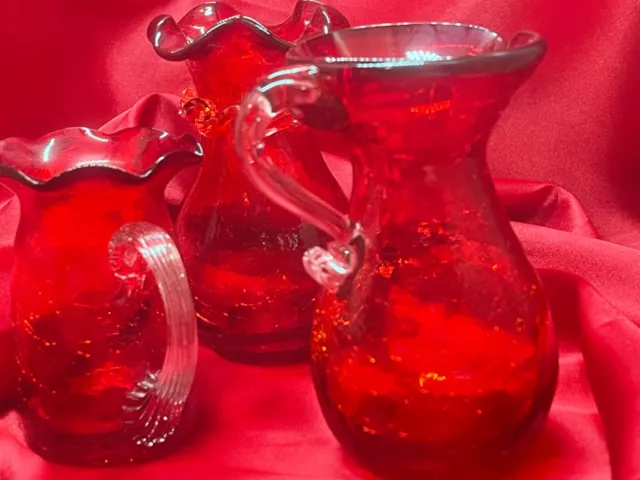 Ruby Red Crackle Blown Glass Miniature Vase and Pitchers With Applied Rigaree