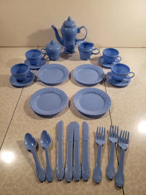 Vintage Blue Plastic Tea Set Irwin Made In U.s.a. 24 Pieces