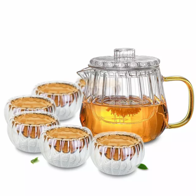 Heat Proof Petal Texture Glass Yellow Handle Tea Pot & 6PC Pumpkin Cute Tea Cups