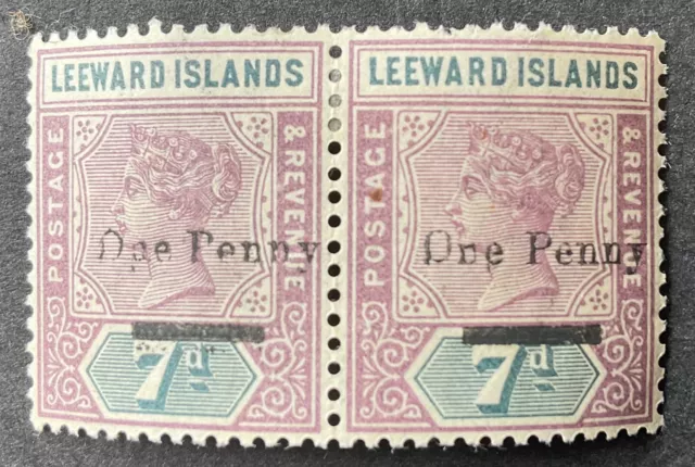 Leeward islands 1902 pair of 1d on 7d mauve & slate stamps mint hinged