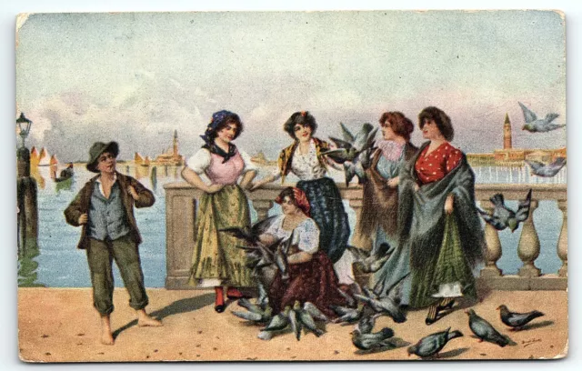 c1910 TESSARI "FEEDING THE PIGEONS" VENETIAN ARTIST  POSTCARD P3573