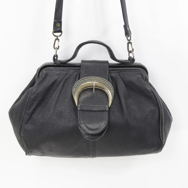 Vtg Robinsons Doctor Handbag Black Faux Leather Hinge Purse Western Shoulder Bag