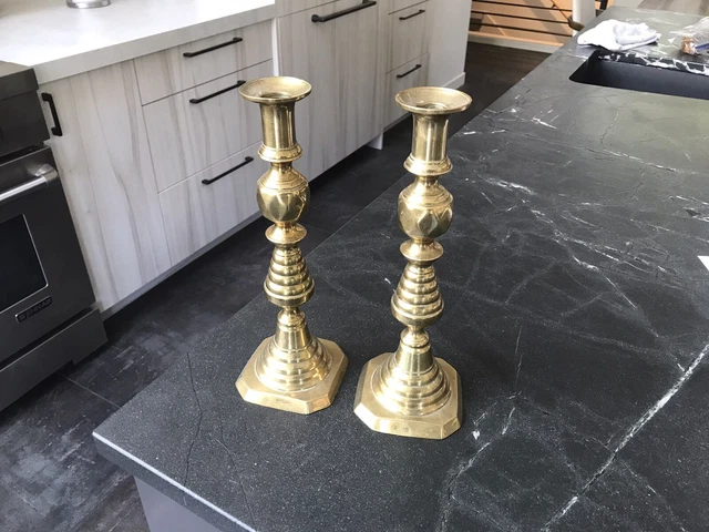 19th Century English Registered Brass Push Up Candlesticks Pair