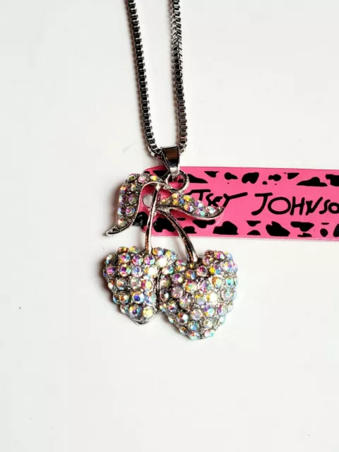 Betsey Johnson AB Crystal Rhinestone Cherry Pendant Sweater Necklace