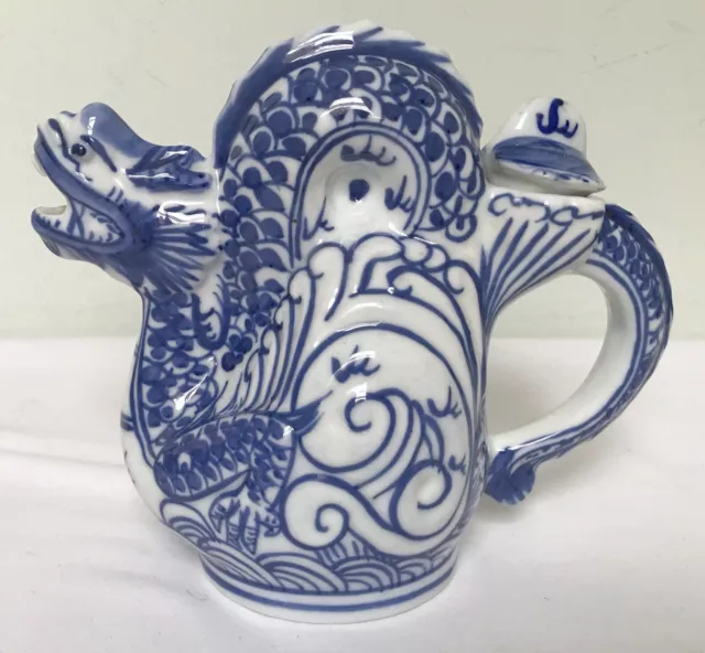 Vtg Chinese Blue White Porcelain Dragon Teapot Decorative Chinoiserie Seal Base