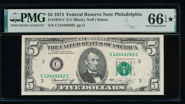 AC 1974 $5 Philadelphia FRN PMG 66 EPQ* Fr 1973-C...EPQ-star designation!