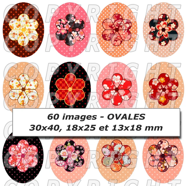 72 Images Digitales Pour Bijoux - Motif Fleurs Japonaises Pois Bleu Noir à Imprimer