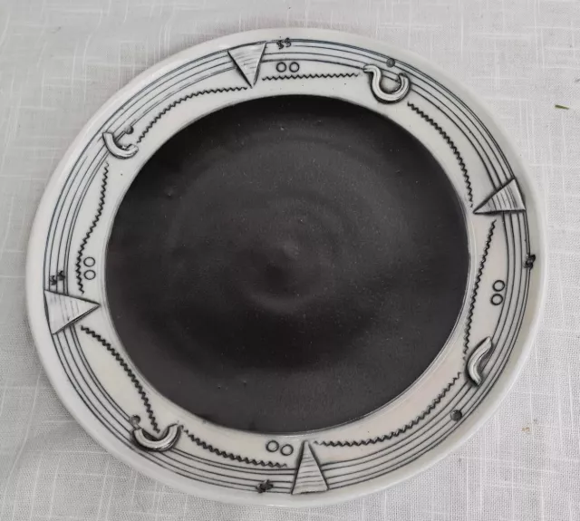 Original Signed Husby Art  Pottery Large Black & White Dish Platter 2