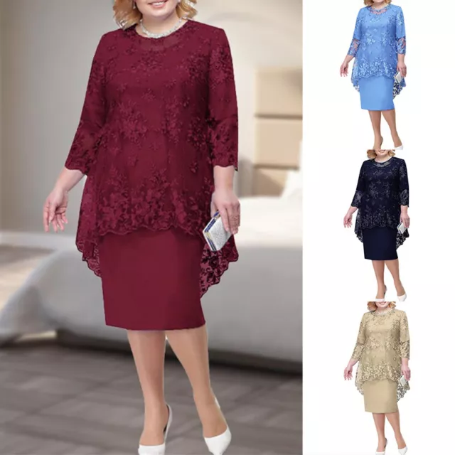 Plus Size S-5XL O-Neck 3/4 Sleeve Elegant Embroidery Lace Midi Dress High-Waist