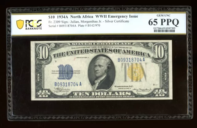 DBR 1934-A $10 North Africa Silver Gem Fr. 2309 PCGS-B 65 PPQ Serial B09318704A
