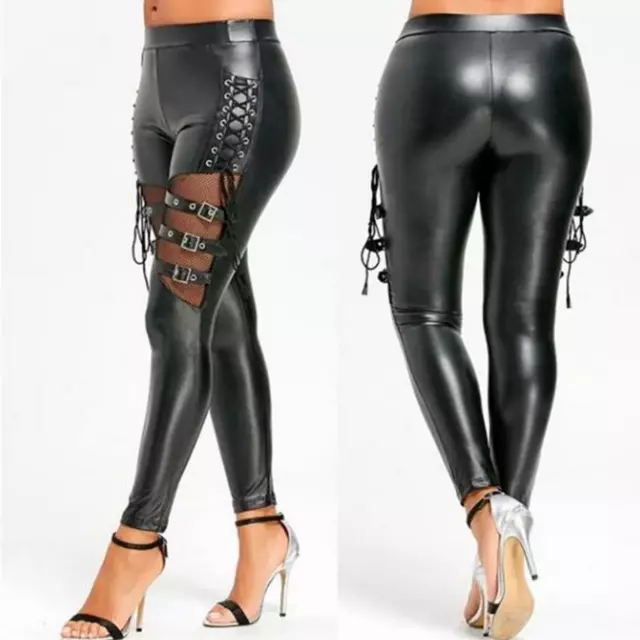 Womens Faux Leather Leggings Black Skinny Trousers Dance Shiny Leather Pants