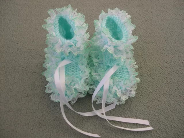 New Hand Knitted Mint Lacy Baby Bootees to fit 0-3 months