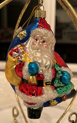 Lao Mai Glass Christmas Tree Ornament Santa on Blue Moon Fuzzy Trim 5.5” READ