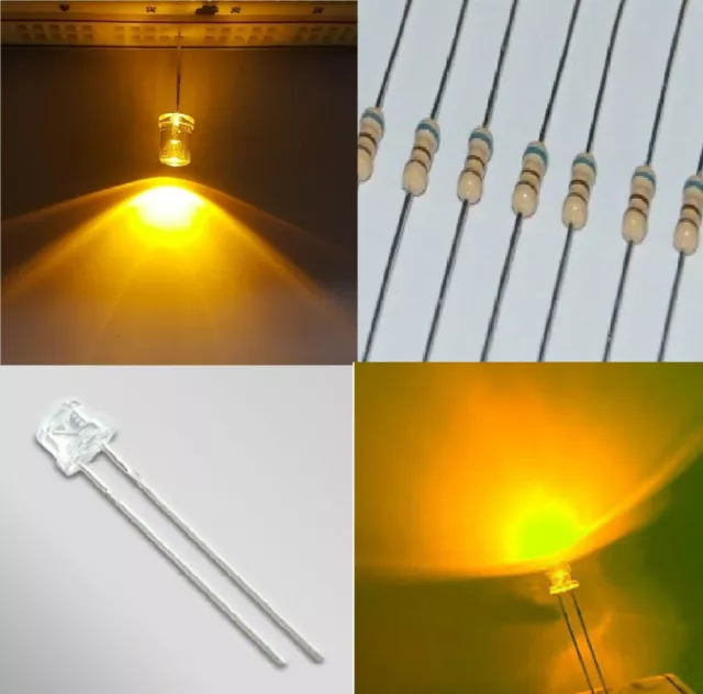 50 Pz. DIODI LED GIALLO 5mm TESTA PIATTA FLAT TOP alta luminosità + RESISTENZE