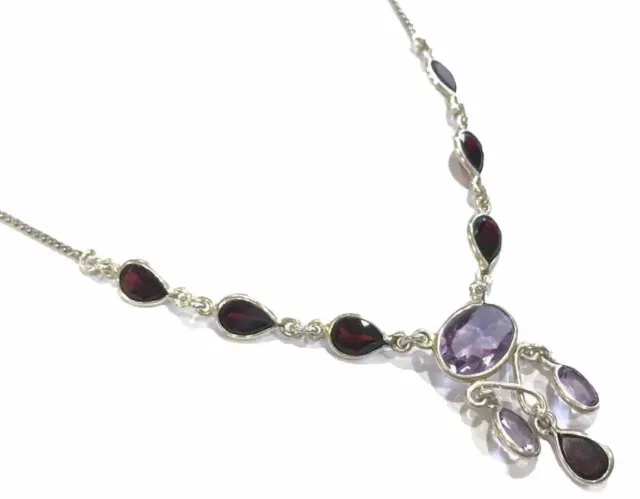 Vintage Sterling Silver Amethyst Garnet Drop Necklace 16” Gift Boxed