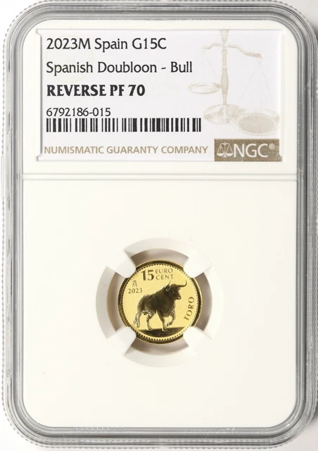 2023-M Spain Gold 15 Euro Cent Spanish Doubloon Bull NGC Reverse PF70