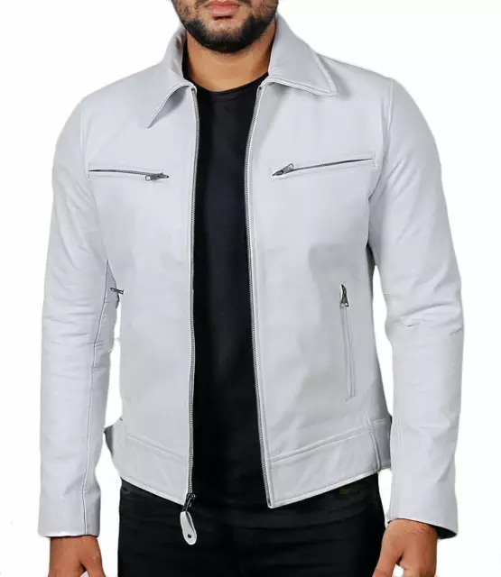White Leather Jacket Men Pure Lambskin Biker Moto Jacket Size XS S M L XL XXL