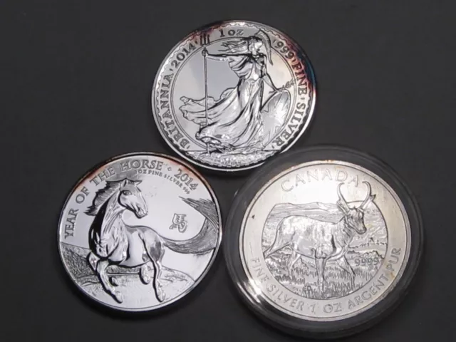 3 Silver Coins 1oz .999 each: 2014 Britannia, '14 UK Horse, '13 Antelope CANADA.