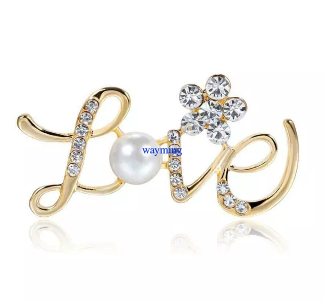 Love Letter Crystal Rhinestone Pearl Flower Brooch Pin Womens Wedding Jewellery