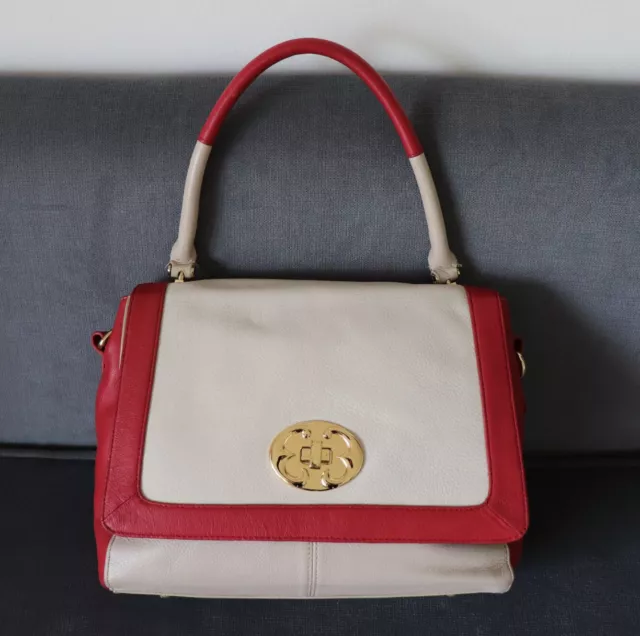 Emma Fox Leather Satchel Shoulder Crossbody Bag Red/White
