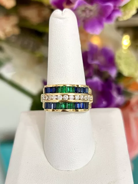 18k Yellow Gold Charles Krypell Sapphire Emerald Diamond Cocktail Ring *READ* 2