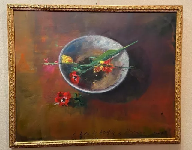 Mario Madiai Olio Su Tela 100x80 "I fiori le foglie e l'acqua"