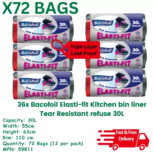 Bacofoil Elasti-fit Kitchen 72x bin liner Tear Resistant 30L x 12 Bags Per Pack