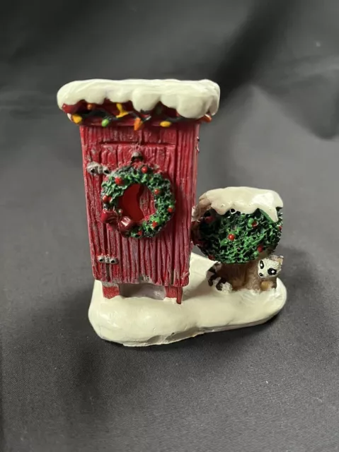 Lemax Village Loose Accessory Red Christmas Outhouse With Raccoon In Snow Bush