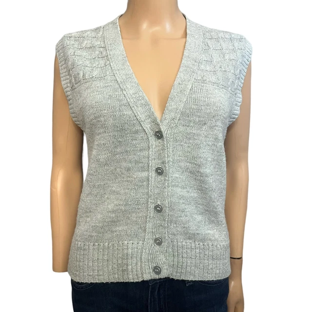 80s Vintage JC Penny Sweater Vest Button Down Cable Knit Gray V Neck Small