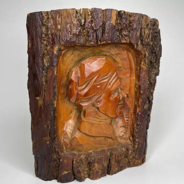 1960s Janine Bourgault Hand-Carved Solid Wood Wall Art Quebec Pioneer Woman