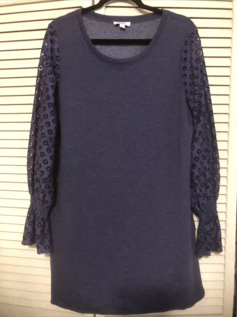 Women's Kensie Sweatshirt Dress Sz XL Blue Lace Long-Sleeve Pockets Knee Length