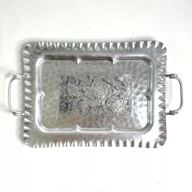 Cromwell Floral Aluminum Serving Tray with Handles Hand Wrought Vintage