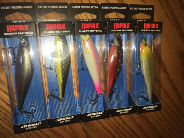RAPALA SHADOW RAP SHAD 09's---5 DIFFERENT COLORED FISHING LURES