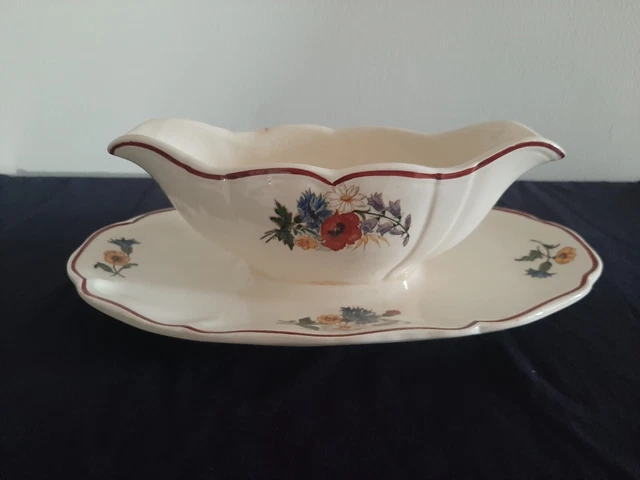 Saucière Sur Ravier Ancienne - Motif Floral Rouge/bordeaux - Faïence - Signée