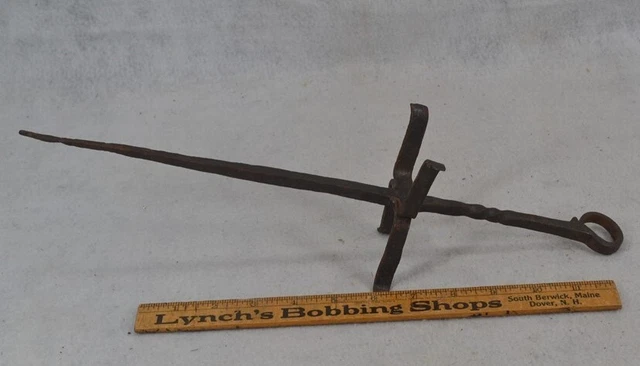 antique fireplace cooking skewer hand forged iron 16 in. 18th c 1750s original