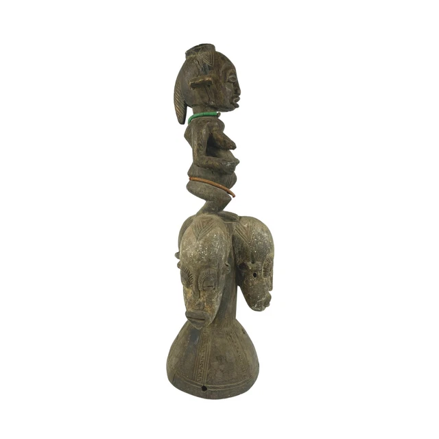 Yoruba Figural Head Crest Mask With Faces Wood African Art