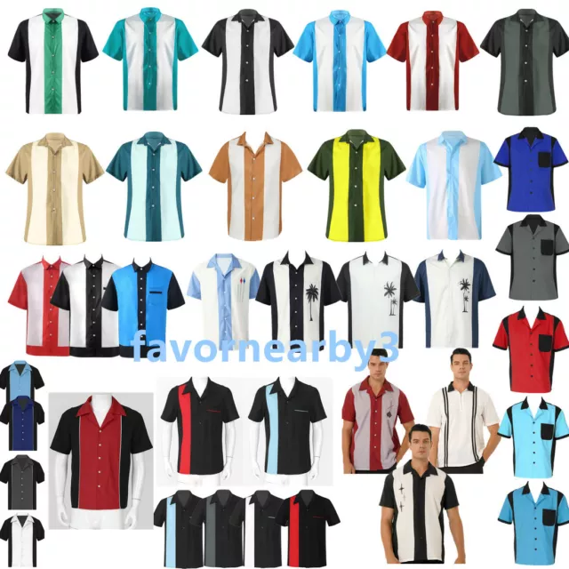 Mens Bowling Shirt Cuban Style Retro Short Sleeve Camp Button Down Shirt Tops L