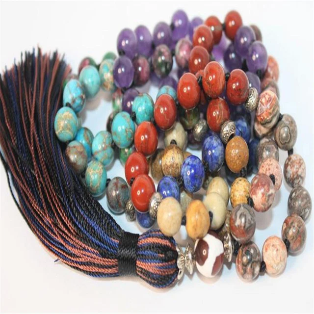 8mm 7 Chakras Gemstone 108 Beads Mala Tassel Necklace Classic Japa Meditation