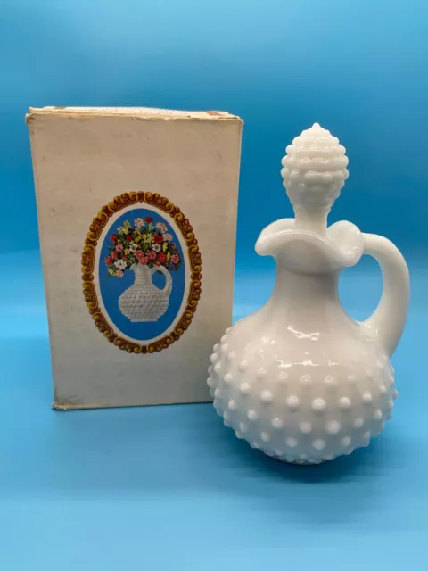 Vintage Avon Hobnail Milk Glass Bath Oil Cruet - Roses Roses Empty with Box