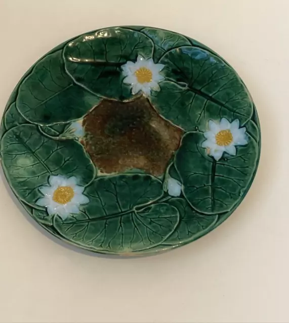 Antique Lily Pads & Flowers Majolica Deep Green Glazed Textured Plate