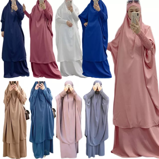 2pcs Muslim Women Khimar Skirt Set Prayer Dress Islamic Kaftan Abaya Kaftan Gown
