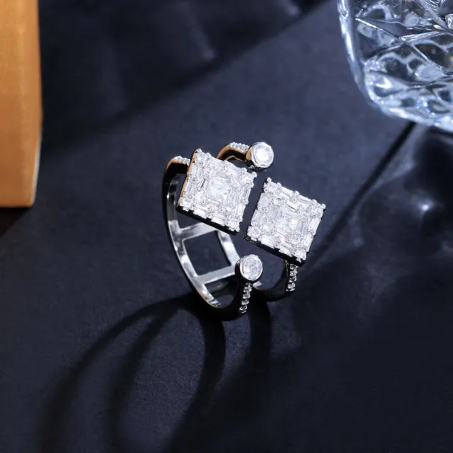 Adjustable Open Cuff Geometric Sqaure Cubic Zirconia Cocktail Party Finger Ring