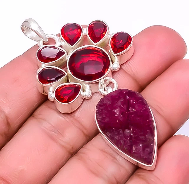 Pink Quartz Drusy & Garnet 925 Sterling Silver Pendant Jewelry 2.34" A393